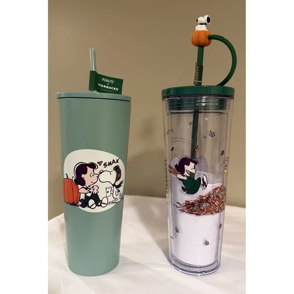 Starbucks snoopy peanuts green steel cold cup & plastic tumbler straws & topper